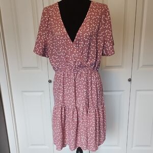 SHEIN Dusty Rose Heart Print Cross-over V-Neck Tiered Mini Dress